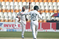 | Photo: AP/K.M. Chaudary : PAK Vs ENG 1st Test: Pakistan's Sajid Khan celebrates after taking the wicket of England's Ollie Pope