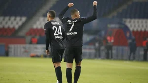 PSG's Kylian Mbappe celebrates after scoring the opener against Brest in Ligue 1 2021-22. 