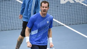 Andy Murray reacts after defeating Nikoloz Basilashvili in 1st round match at Australian Open 2022.