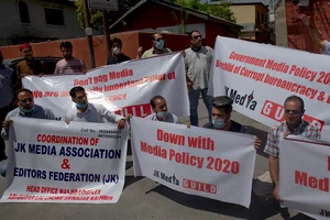 Journalists protesting against the New media policy in Srinagar, Kashmir. 