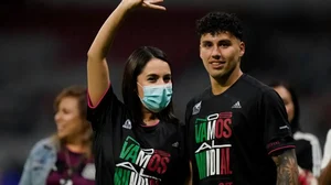 Mexico's Jorge Sanchez wears a T-Shirt that reads in Spanish 'We are going to the World Cup.'