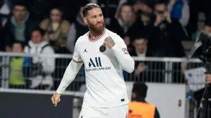 Serio Ramos reacts after scoring for PSG against Angers in Ligue 1 2021-22.