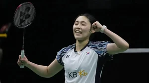 South Korea's Sim Yu Jin reacts after defeating China's Wang Zhi Yi in Uber Cup 2022 final.