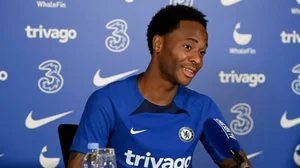 Chelsea striker Raheem Sterling speaks during a media conference.