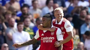 Arsenal's Gabriel Jesus, left, celebrates a goal with Oleksandr Zinchenko.