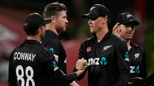 New Zealand players celebrate their win over West Indies in the second ODI. 