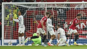 Manchester United's Jadon Sancho celebrates a goal against Liverpool.