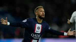 PSG's Neymar celebrates after scoring against Marseille during their Ligue 1 2022-23 match.