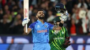 File : Virat Kohli reacts after guiding India to victory against Pakistan in ICC T20 World Cup 2022.