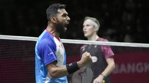 Prannoy celebrates his BWF World Tour Finals win over Axelsen.