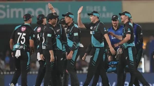 New Zealand players celebrate the wicket of Suryakumar Yadav on Friday.