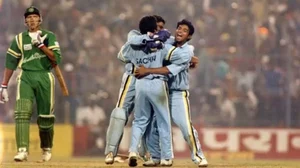 Tendulkar celebrates India's victory in the 1993 Hero Cup semi-finals against South Africa.