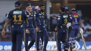 GT players celebrate the wicket of Krunal Pandya in Lucknow on Saturday.