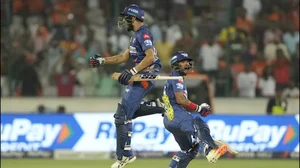 LSG's Mankad and Pooran celebrate their team's win against SRH in Hyderabad on Saturday.