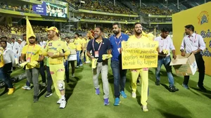 MS Dhoni pictured during CSK's lap of honour on Sunday.
