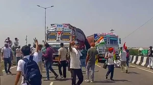 Farmers block the national highway- 44 during their protest demand for government procurement of sun