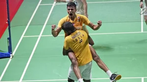 Satwik lifts Chirag after making history in Jakarta, Indonesia, on Sunday.