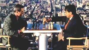 Kasparov and Anand play chess on top of the World Trade Center in New York in 1995.