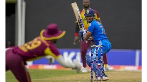 India's Tilak Varma plays a shot against West Indies during the 2nd T20I cricket match.