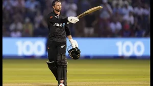 Devon Conway celebrates his century during the first ODI in Cardiff on Friday