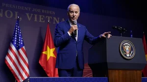 US President Joe Biden addresses a press conference, in Hanoi, Vietnam