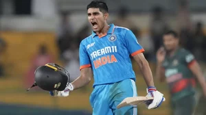 Shubman Gill celebrates his century against Bangladesh in Colombo