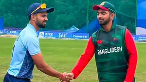 The two captains at the toss ahead of the India-Bangladesh semi-final in Hangzhou