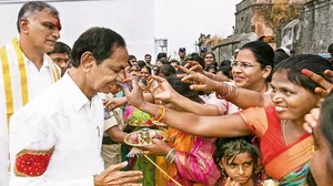 Third-time Lucky?: BRS president K Chandrashekar Rao with supporters in Siddipet district, Telangana