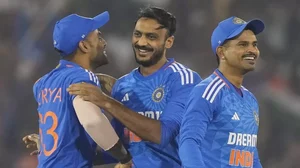 Axar Patel (center) celebrates the wicket of Aaron Hardie during the 4th T20 cricket match in Raipur