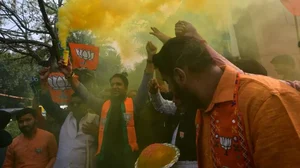 BJP supporters celebrate at BJP Headquarters in Delhi.