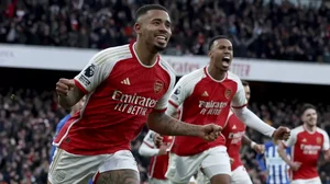Arsenal's Gabriel Jesus (L) celebrates after scoring their first goal against Brighton in the EPL.