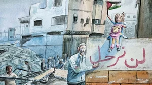 “My political artwork aims to depict the situation that the Palestinian people are experiencing.” ’We Will Never Leave’ Artwork by Amjed Al-Siyabi.