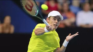 Alex de Minaur in action against Taylor Fritz during the Australia vs United States tie of the United Cup tennis tournament in Perth.