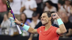 Rafael Nadal celebrates his victory against Dominic Thiem in their round of 32 clash at the Brisbane