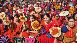 Anganwadi workers in Solapur in Maharashtra staging a protest in 2023 demanding a wage hike