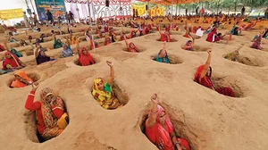Farmers staging a ‘Zameen Satyagrah’ near Jaipur in 2017 to protest against the forced acquisition of their land by the government