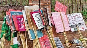 Placards displaying slogans during a protest in Ranchi, Jharkhand in 2022 by tribal communities