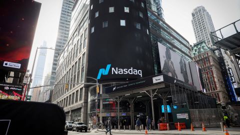 The Nasdaq Market site is seen on the day that shares of Truth Social and Trump Media & Technology Group start trading under the ticker "DJT", outside the Nasdaq Market site in New York City, U.S., March 26, 2024.