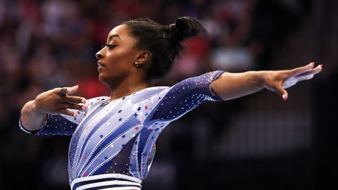 Simone Biles competes on the floor during the U.S. Olympic Team Gymnastics Trials at Target Center in Minneapolis, Minnesota on June 28, 2024.
