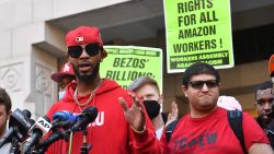 Union organizer Christian Smalls speaks following the April 1, 2022, vote for the unionization of the Amazon Staten Island warehouse in New York. Amazon workers in New York voted Friday to establish the first US union at the e-commerce giant, a milestone for a company that has steadfastly opposed organized labor in its massive workforce. Employees at the Staten Island JFK8 warehouse voted 2,654 to 2,131 in support of the unionizing drive, according to a tally of ballots from the National Labor Relations Board.