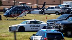 A medical helicopter is seen in front of Apalachee High School after a shooting at the school in Winder, Georgia, on September 4, 2024.