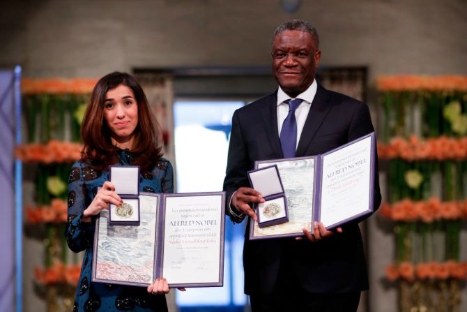 Premio Nobel de la Paz 2018, el doctor congolés Denis Mukwege y la activista Nadia Murad: "Por sus esfuerzos para poner fin al uso de la violencia sexual como arma de guerra y conflicto armado".