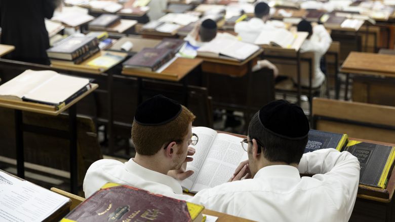 Ultra-Orthodox Jewish men study Torah in a yeshiva on June 2, 2024 in Bnei Brak, Israel.