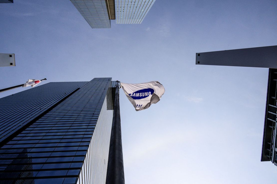 The Samsung flag flutters in the wind outside the company building in Seoul on June 7, 2024.