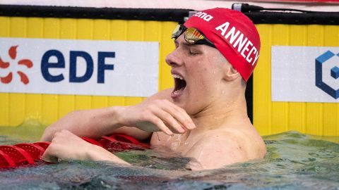 France's Rafael Fente Damers reacts after dislocating his shoulder following the men's 100m freestyle final during the French swimming championships in Chartres, central France, on June 18, 2024, ahead of the Paris 2024 Olympic Games. (Photo by SEBASTIEN BOZON / AFP) (Photo by SEBASTIEN BOZON/AFP via Getty Images)