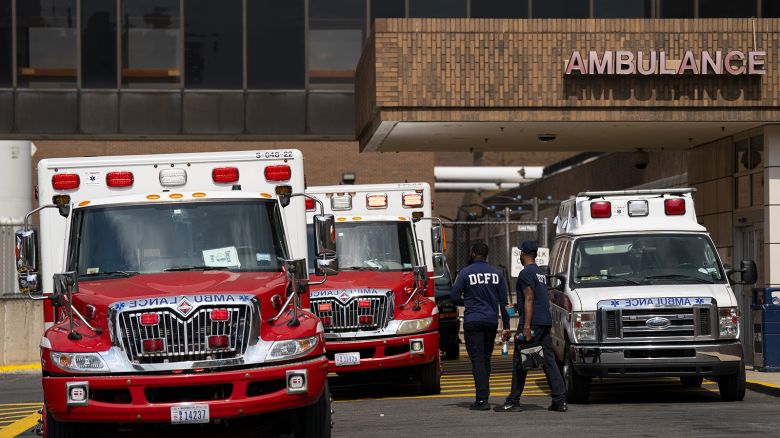 Ambulances outside of Howard University Hospital during high temperatures in Washington, DC, US, on Sunday, June 23, 2024. New York, Washington and the middle Atlantic region will bake through another day of hot, sticky weather, pushing temperatures close to record highs before thunderstorms arrive to briefly cool things off. Photographer: Al Drago/Bloomberg via Getty Images
