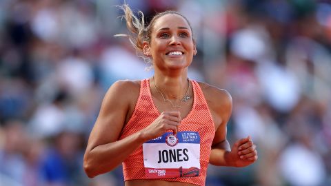 Lolo Jones reacts after competing in the first round of the women's 100 meter hurdles on Day Eight of the 2024 U.S. Olympic Team Track & Field Trials at Hayward Field on June 28, 2024 in Eugene, Oregon.