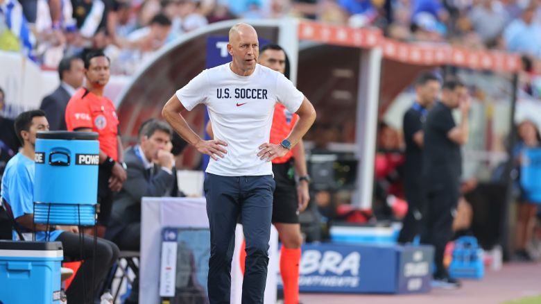 KANSAS CITY, MISSOURI - JULY 01: Gregg Berhalter, Head Coach of United States gives the team instructions during the CONMEBOL Copa America 2024 Group C match between United States and Uruguay at GEHA Field at Arrowhead Stadium on July 01, 2024 in Kansas City, Missouri. (Photo by Michael Reaves/Getty Images)