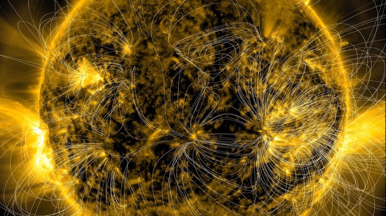 Scientists have developed a way to produce models of where the magnetic field lines are several times each day. Here we have created a time-lapse version of these models over four days (2-3 each day) to give you a peek at how these change over time. The spiraling arcs of magnetic field lines emerge from active regions and connect back to areas with the opposite polarity. The field lines are more concentrated where regions are more magnetically intense. And of course, they rotate with the rotation of the Sun.