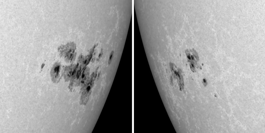 The sunspots responsible for the May 10 solar storm began much larger (left) before they completed a rotation around the sun. Now, the sunspots (right) have reappeared and are less complex, solar physicist Dr. Ryan French said.